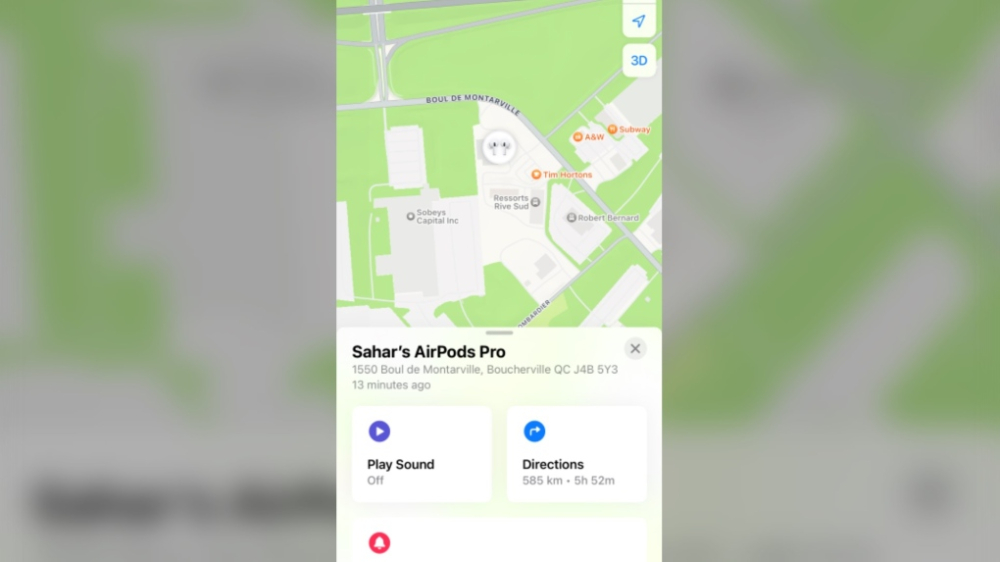 Ảnh chụp màn hình ứng dụng 'Tìm của tôi' của Sahar Mohammadzadeh hiển thị vị trí AirPods của cô ấy tại khách sạn vài ngày sau khi cô ấy trả phòng. 