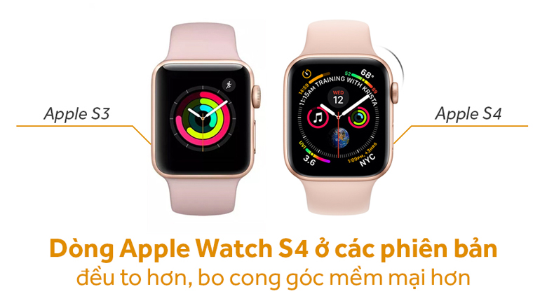 So với Apple Watch S3, Apple Watch S4 có thiết kế mỏng nhẹ và các phiên bản màn hình được nâng cấp hơn đến 2 inch, giúp việc nhận tin nhắn, xử lý các tác vụ dễ dàng và thuận tiện hơn.