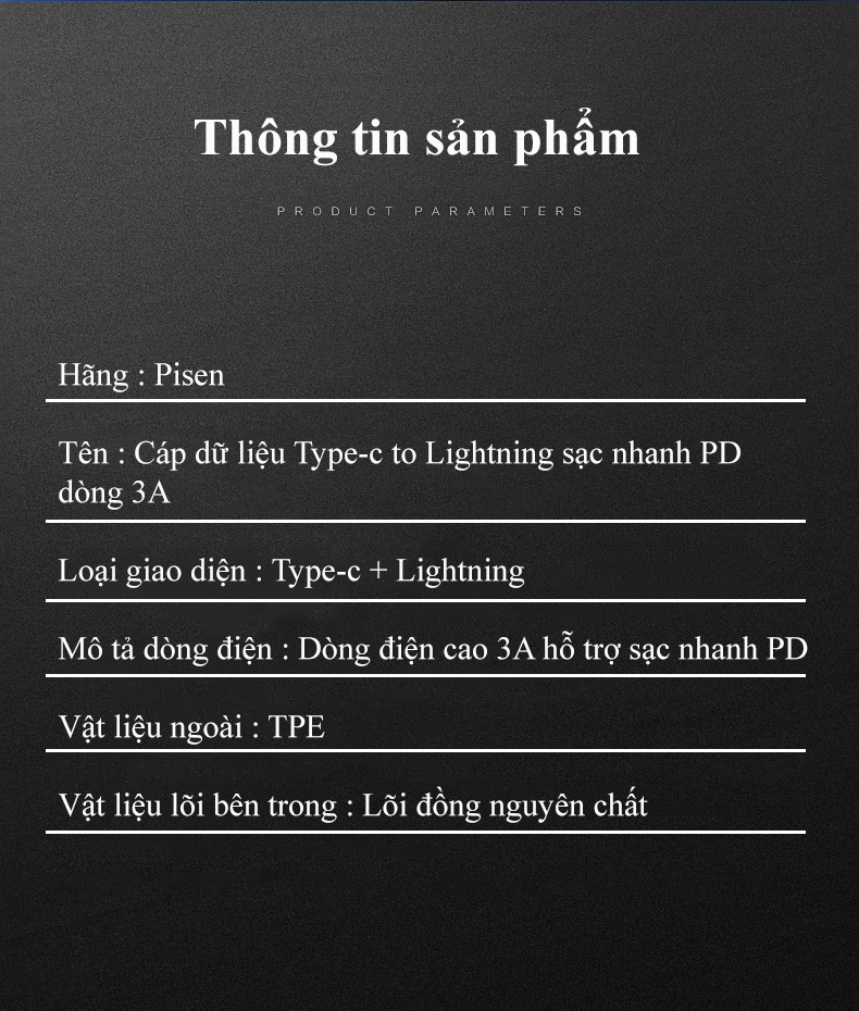 Cáp Type-C to Lightning Pisen PD 3A 1M