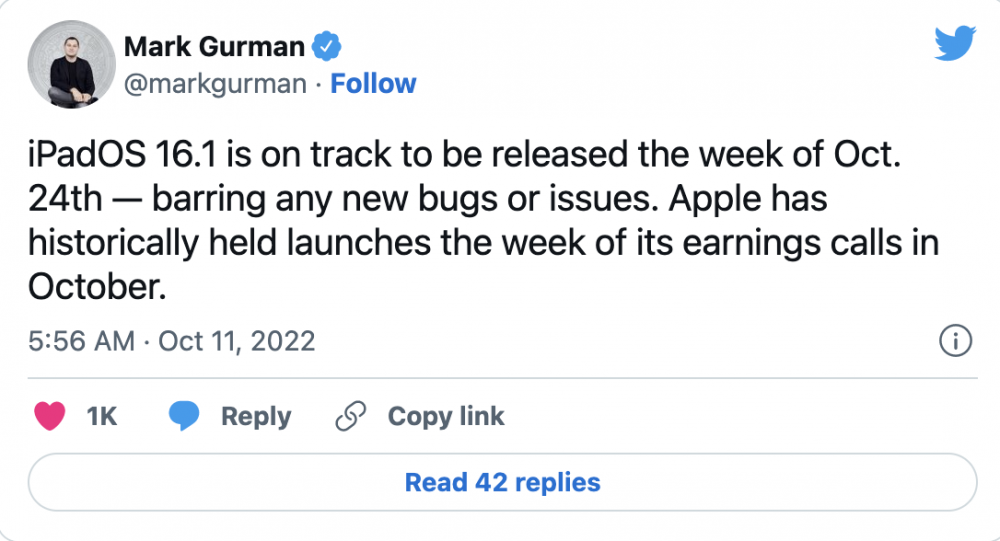 Mark Gurman cho rằng iPadOS 16.1 chuẩn bị ra mắt vào cuối tháng 10