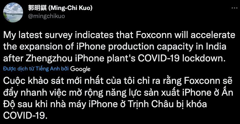 Ming Chi Kuo đăng rằng iPhone sẽ được sản xuất ở Ấn Độ nhiều hơn