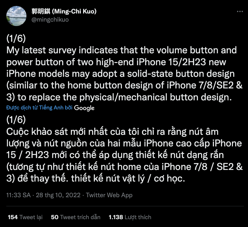 Ming Chi Kuo viết tweet mới về iPhone 15