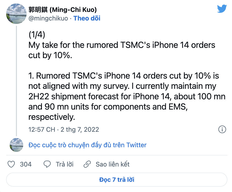 Tin đồn Ming Chi Kuo về số lượng hàng iPhone 14 bị cắt gỉam
