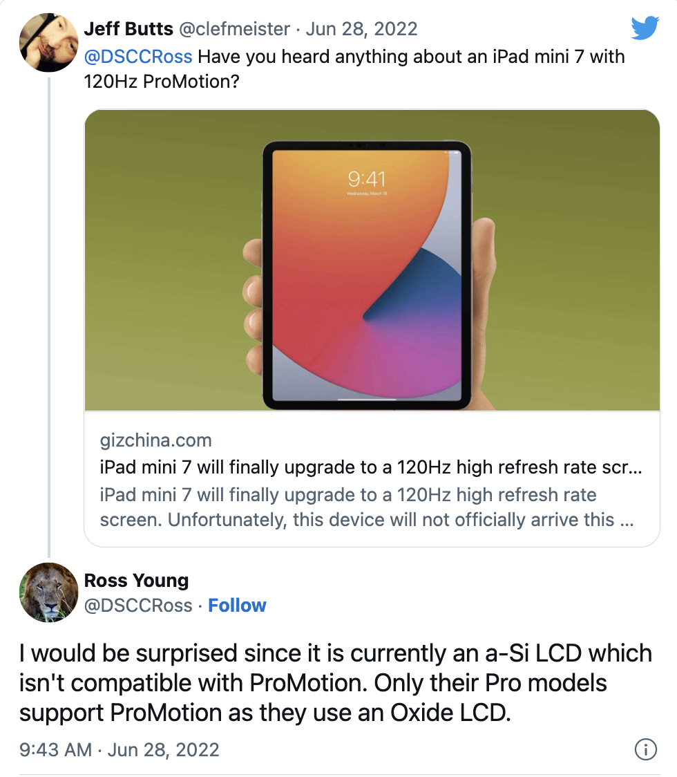 Ross Young trả lời tin đồn về iPad Mini 7 có màn hình ProMotion