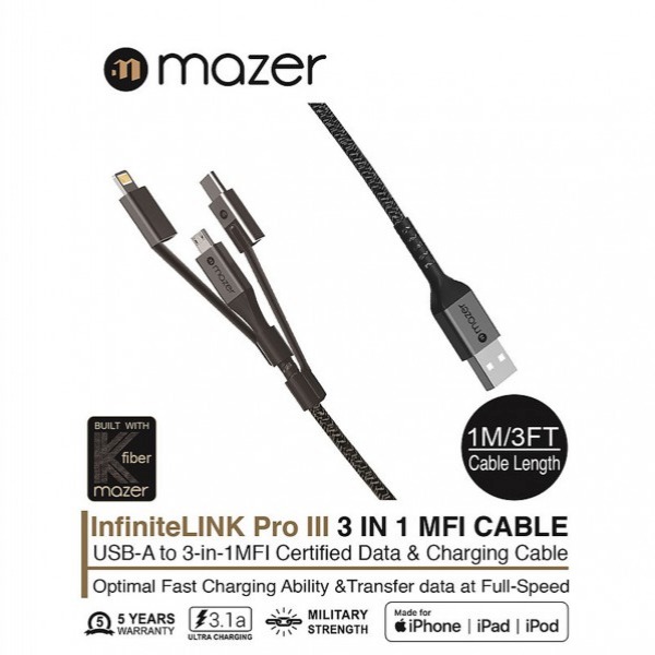 MKSA95PBK - Cáp 3 in 1 Mazer Power Link II USB Fast Charging (1m) - 5
